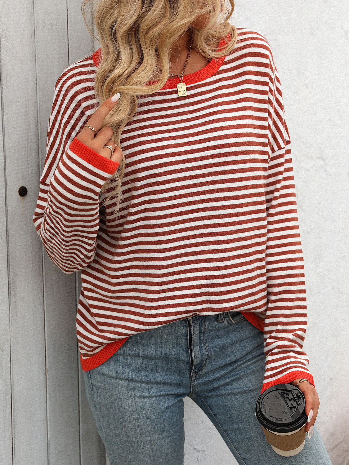 Blue Zone Planet | Mandy Striped Round Neck Long Sleeve Sweater-TOPS / DRESSES-[Adult]-[Female]-Rust-S-2022 Online Blue Zone Planet