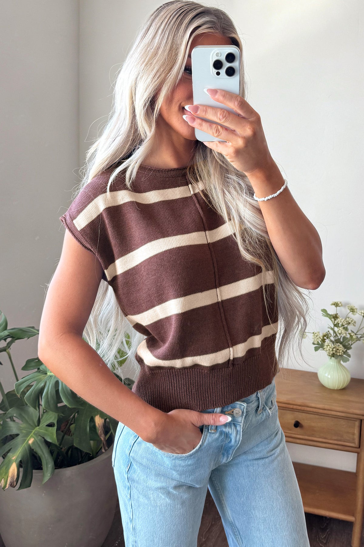 Brown Stripe Knit Western Short Sleeve Sweater-Sweaters & Cardigans/Short Sleeve Sweaters-[Adult]-[Female]-2022 Online Blue Zone Planet