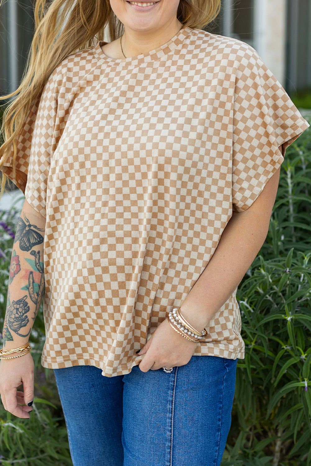 Khaki Checkerboard Short Batwing Sleeve Round Neck Plus Size T Shirt-Plus Size/Plus Size Tops/Plus Size Tops & Tees-[Adult]-[Female]-Khaki-1X-2022 Online Blue Zone Planet