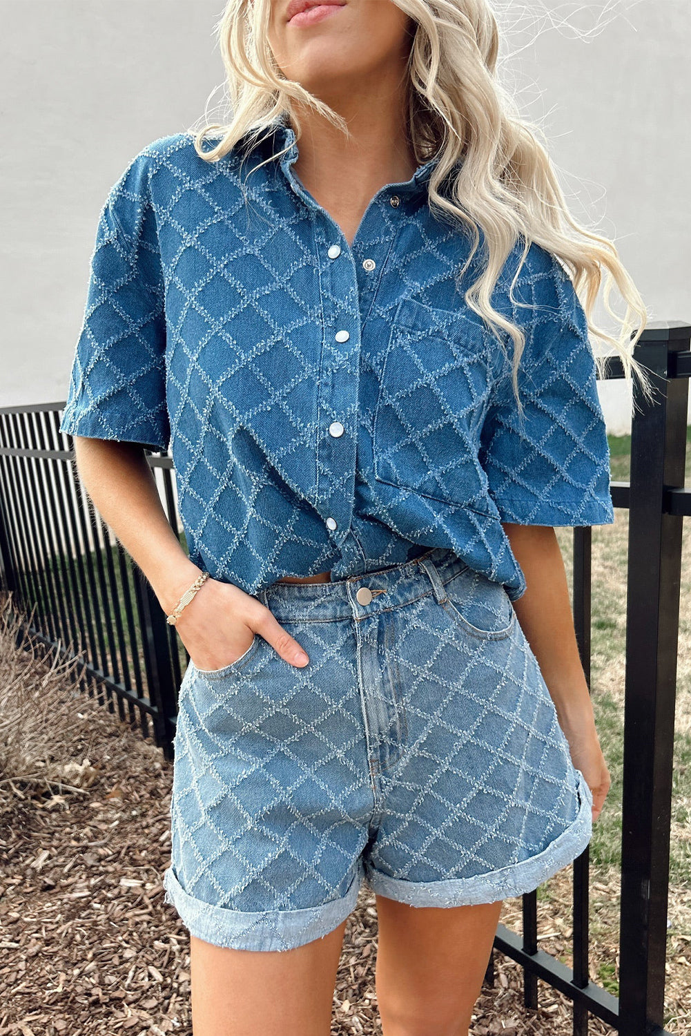 Dusk Blue Checkered Textured Short Sleeve Patched Pocket Denim Shirt-Tops/Blouses & Shirts-[Adult]-[Female]-2022 Online Blue Zone Planet