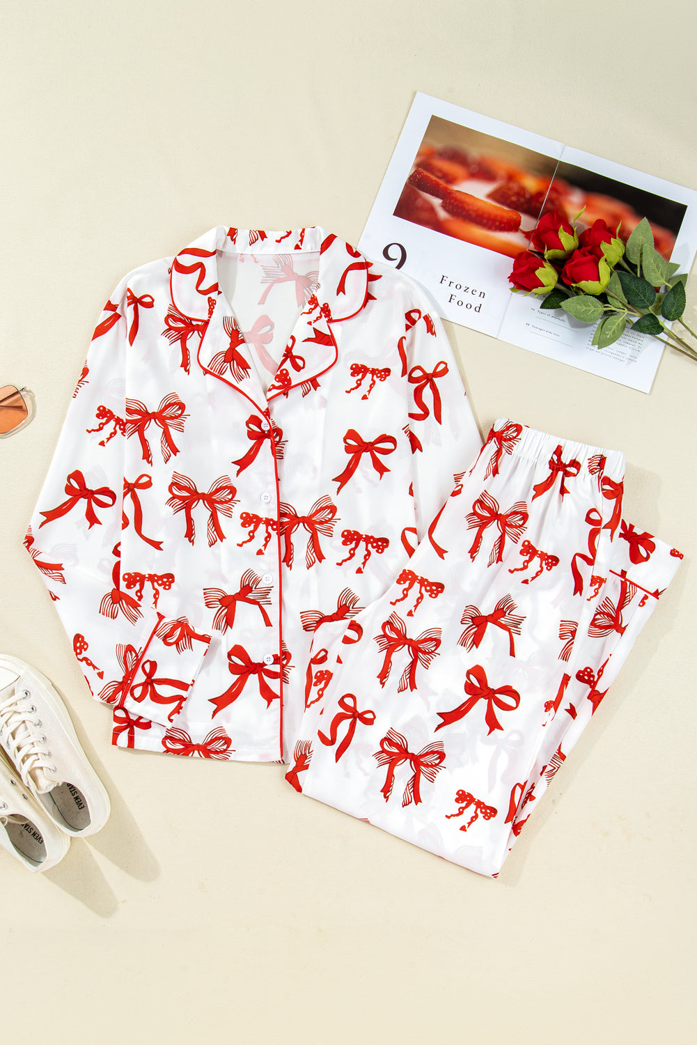 Red Christmas Bow Print Long 2pcs Pajama Set-Loungewear & Sleepwear/Sleepwear-[Adult]-[Female]-2022 Online Blue Zone Planet