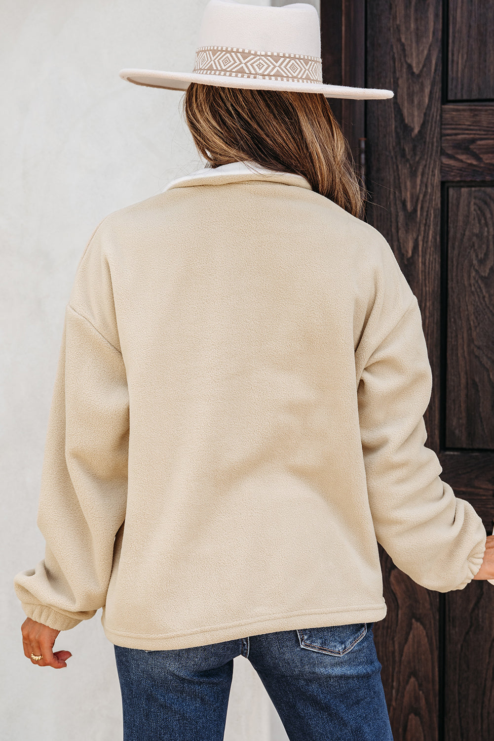 Parchment Fleece Colorblock Patchwork Zipped Neck Pullover Sweatshirt-Tops/Sweatshirts & Hoodies-[Adult]-[Female]-2022 Online Blue Zone Planet