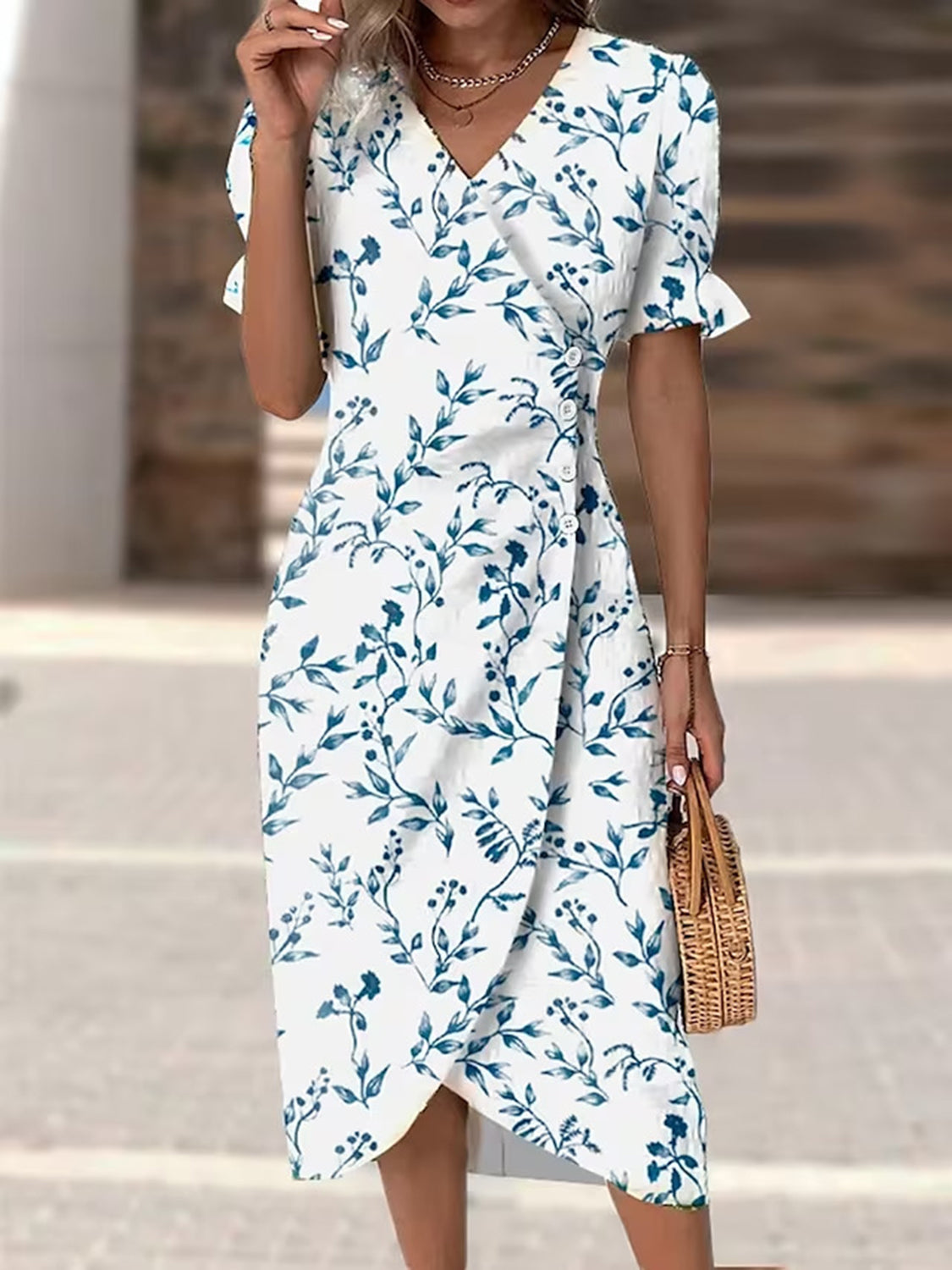 Full Size Printed Surplice Flounce Sleeve Midi Dress-TOPS / DRESSES-[Adult]-[Female]-White-S-2022 Online Blue Zone Planet