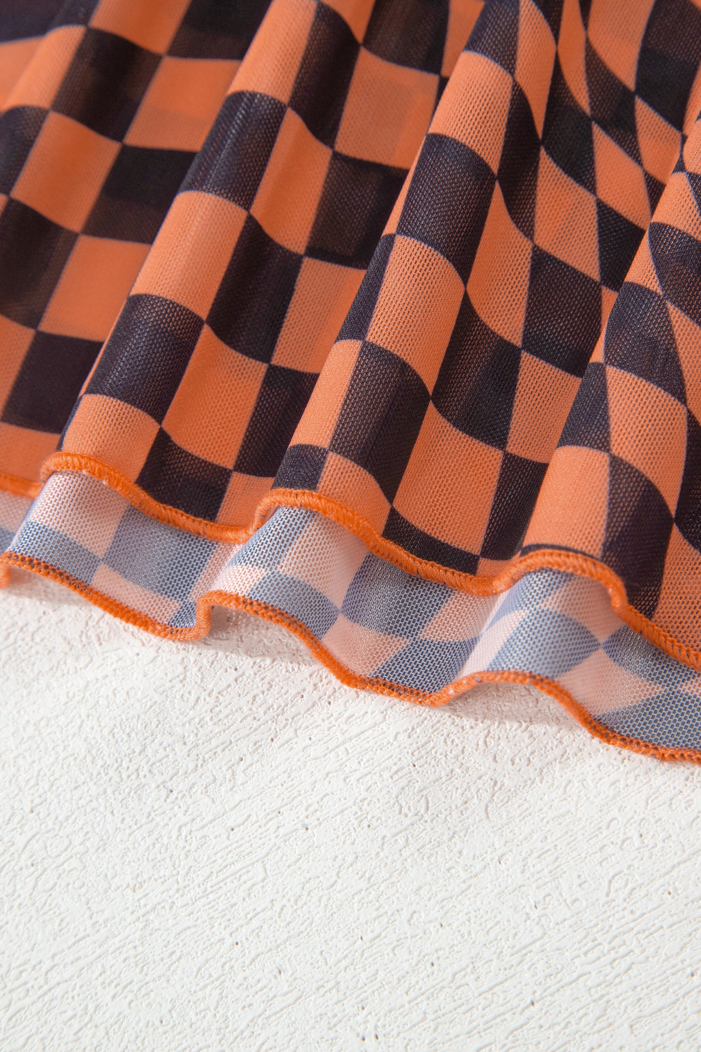 Orange Checkered Print Crew Neck Mesh T Shirt-Tops/Tops & Tees-[Adult]-[Female]-2022 Online Blue Zone Planet