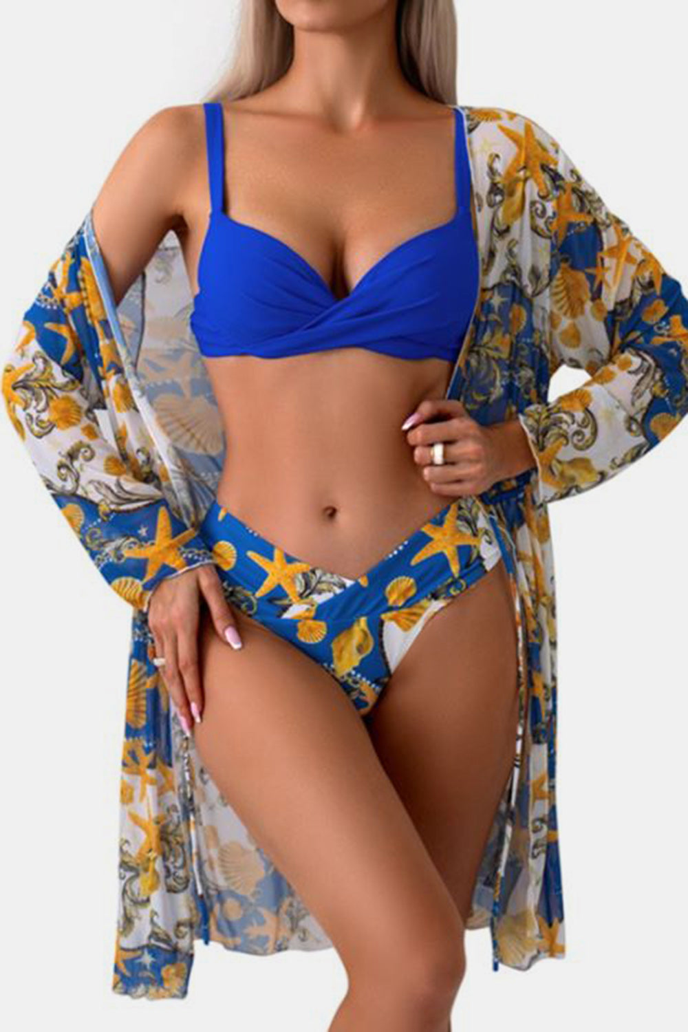 Ruched Top, Brief and Tied Cover Up Swim Set-TOPS / DRESSES-[Adult]-[Female]-Royal Blue-S-2022 Online Blue Zone Planet