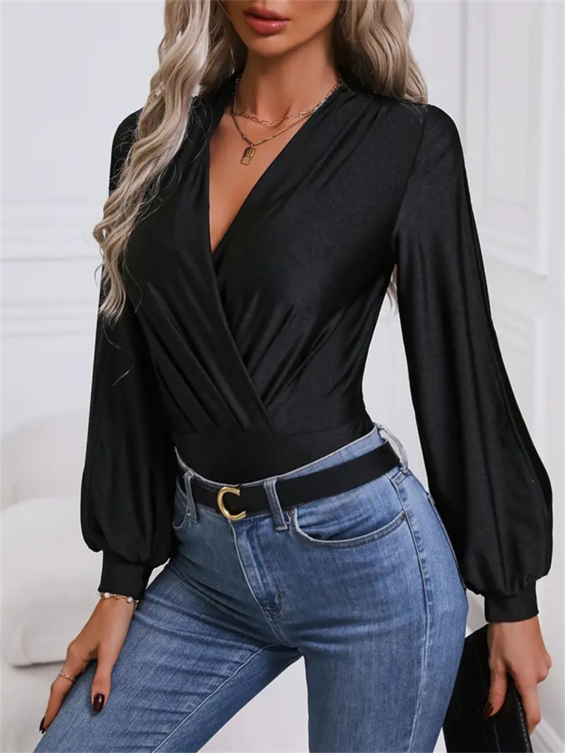 Surplice Slit Long Sleeve Bodysuit-TOPS / DRESSES-[Adult]-[Female]-2022 Online Blue Zone Planet