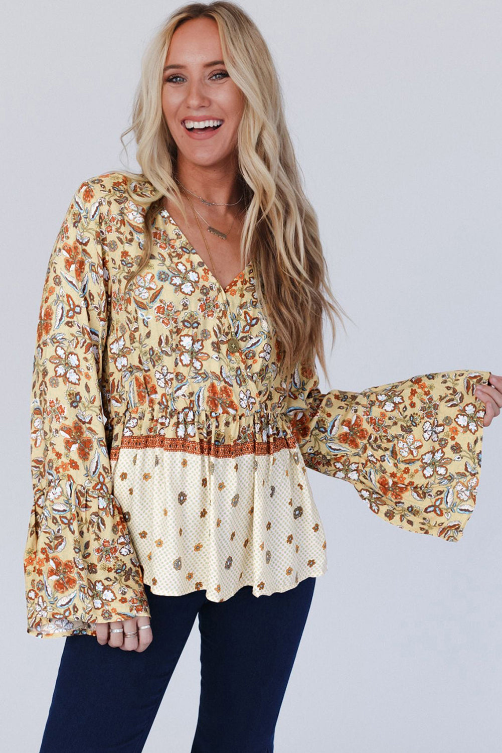 Blue Zone Planet | Yellow Printed Floral Bell Sleeve V Neck Wrapped Contrast Peplum Blouse-Tops/Blouses & Shirts-[Adult]-[Female]-2022 Online Blue Zone Planet
