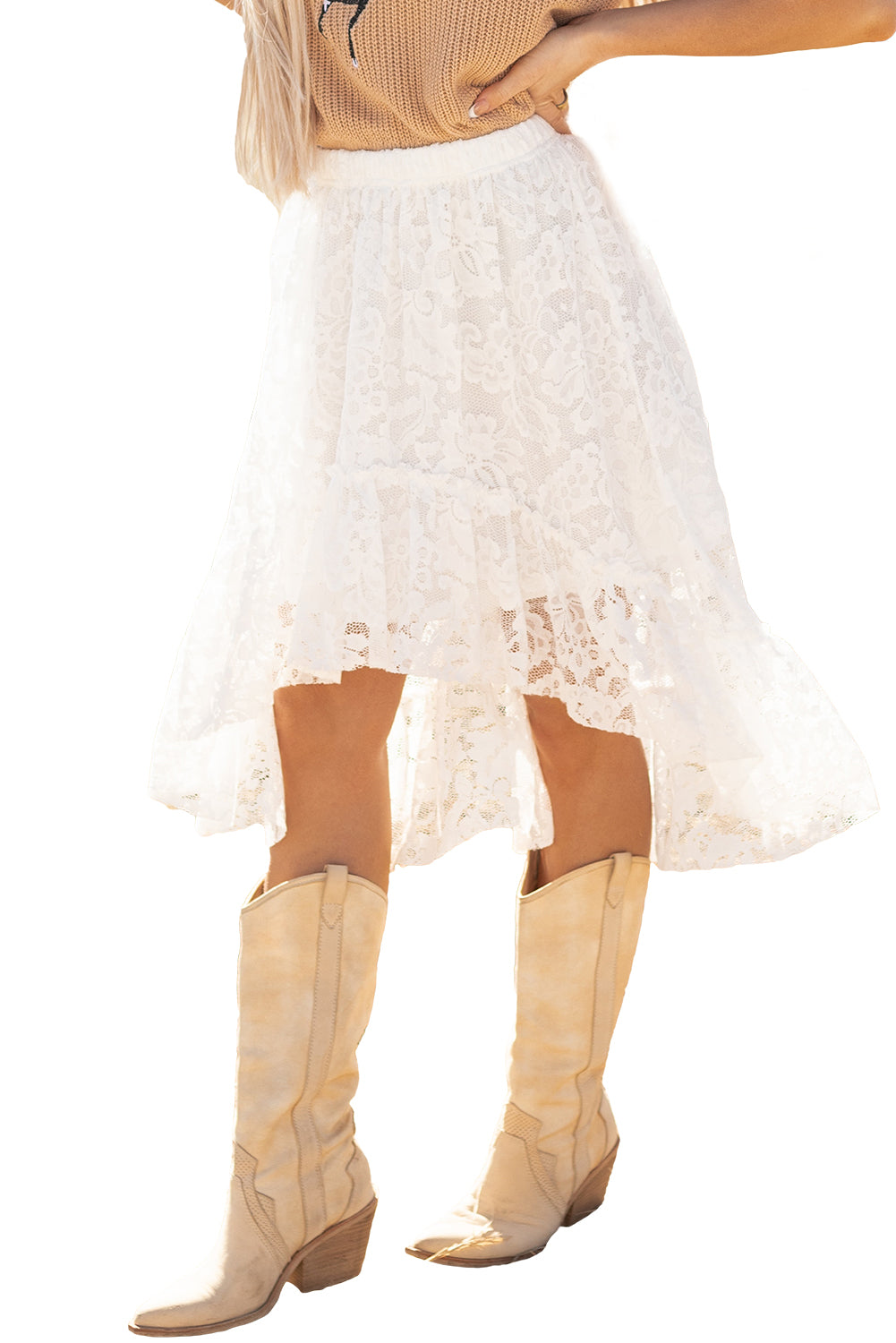 White Lace Ruffled High-low Hem Midi Skirt-Bottoms/Skirts & Petticoat-[Adult]-[Female]-2022 Online Blue Zone Planet