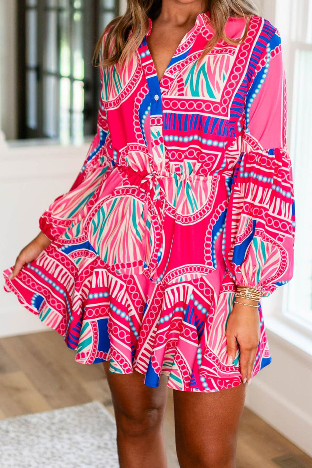 boho ruffle mini dress Rose Boho Abstract Printed Puff Sleeve Drawstring Waist Ruffled Mini Dress Rose / L / 100%Polyester