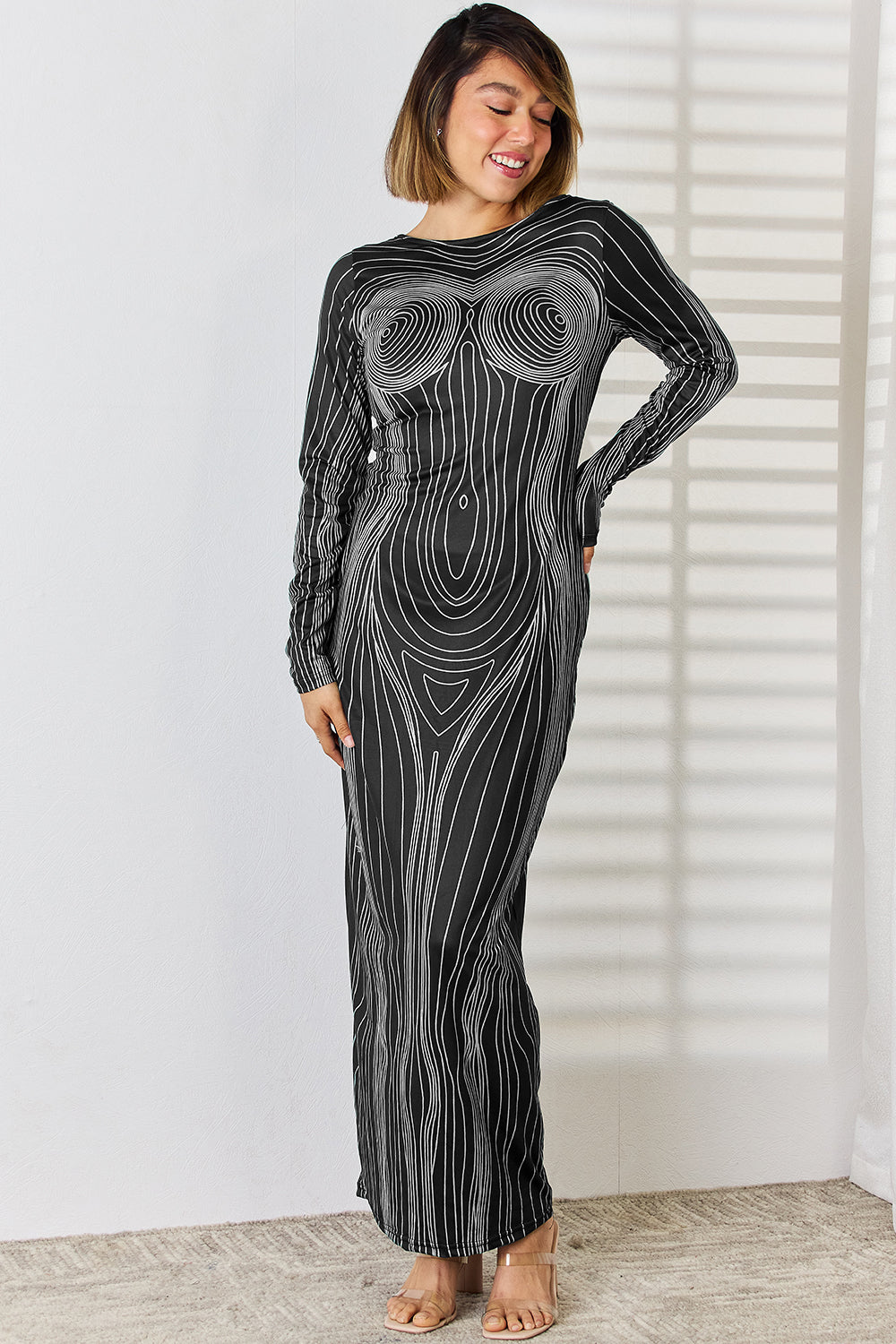 Cutout Round Neck Long Sleeve Maxi Dress-TOPS / DRESSES-[Adult]-[Female]-Dark Gray-S-2022 Online Blue Zone Planet