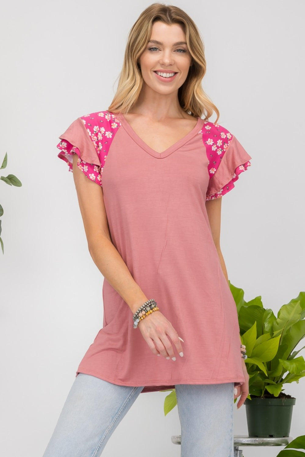 Celeste Full Size Floral Contrast Short Sleeve Top-TOPS / DRESSES-[Adult]-[Female]-Cinnamon-S-2022 Online Blue Zone Planet