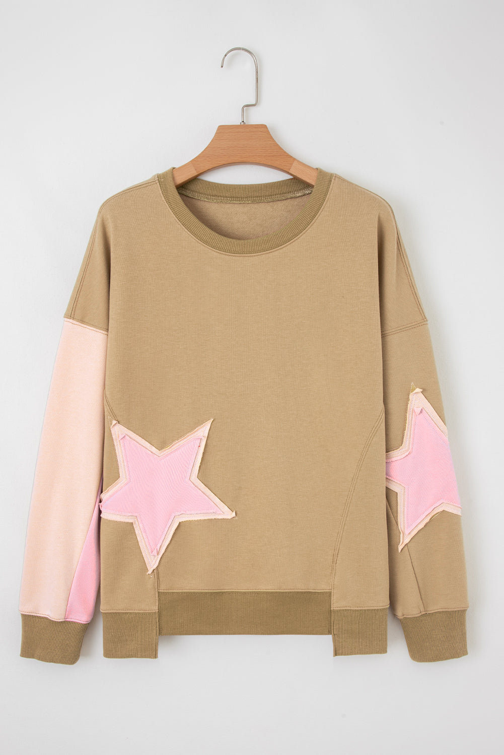 Sage Green Contrast Star Patchwork Exposed Seam Uneven Hem Drop Shoulder Sweatshirt-Tops/Sweatshirts & Hoodies-[Adult]-[Female]-2022 Online Blue Zone Planet