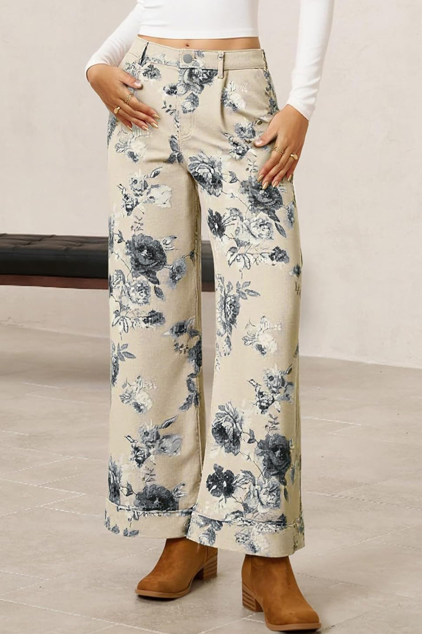 Beige Retro Floral Print Turn-up Cuffed Hem Loose Jeans-Bottoms/Jeans-[Adult]-[Female]-2022 Online Blue Zone Planet