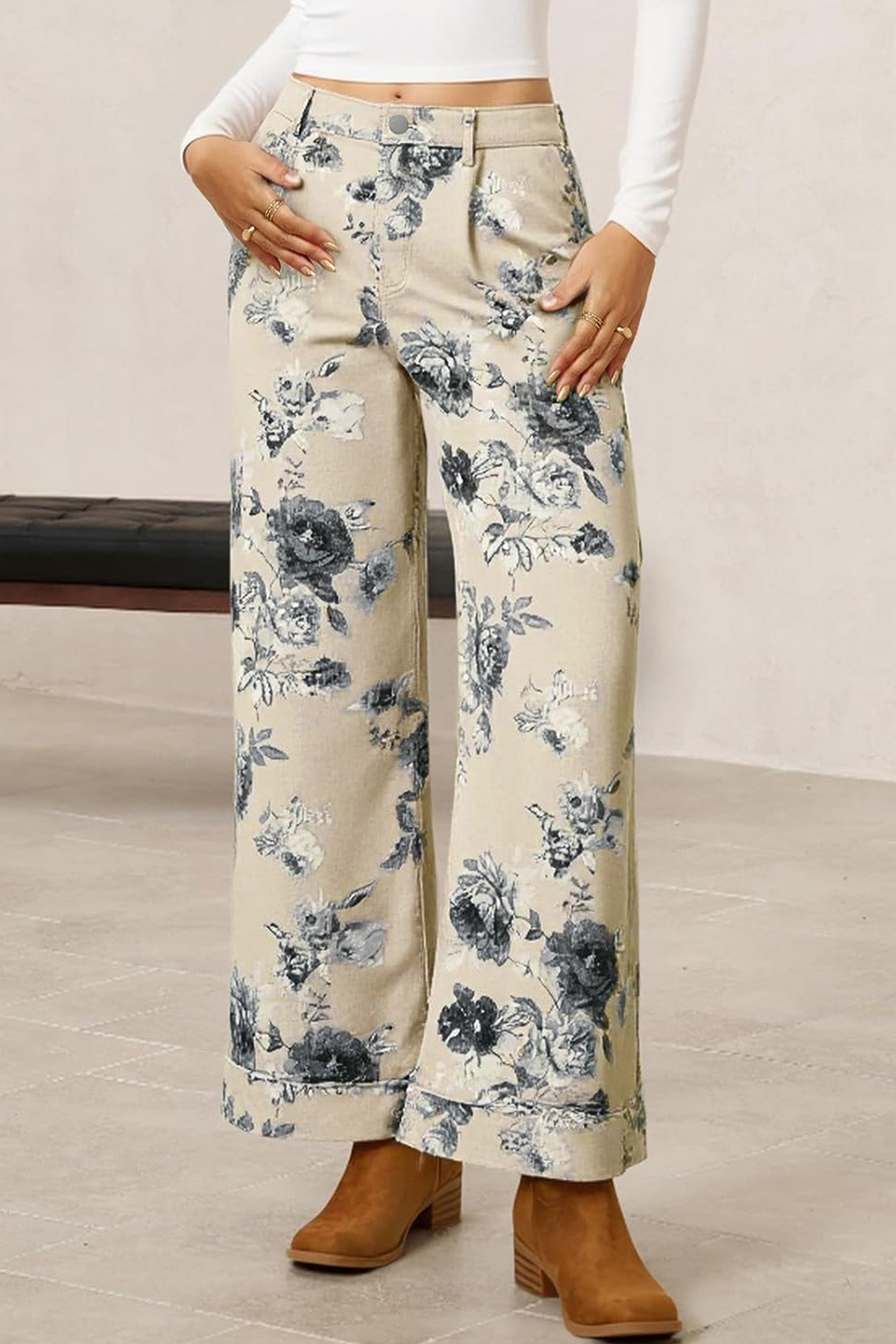 Beige Retro Floral Print Turn-up Cuffed Hem Loose Jeans-Bottoms/Jeans-[Adult]-[Female]-2022 Online Blue Zone Planet