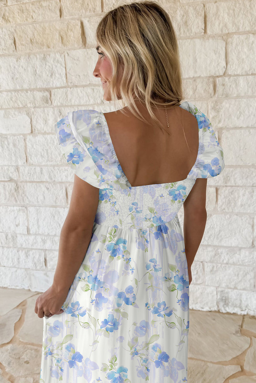 Sky Blue Floral Smocked High Waist Double Ruffle Sleeveless Long Dress-TOPS / DRESSES-[Adult]-[Female]-2022 Online Blue Zone Planet