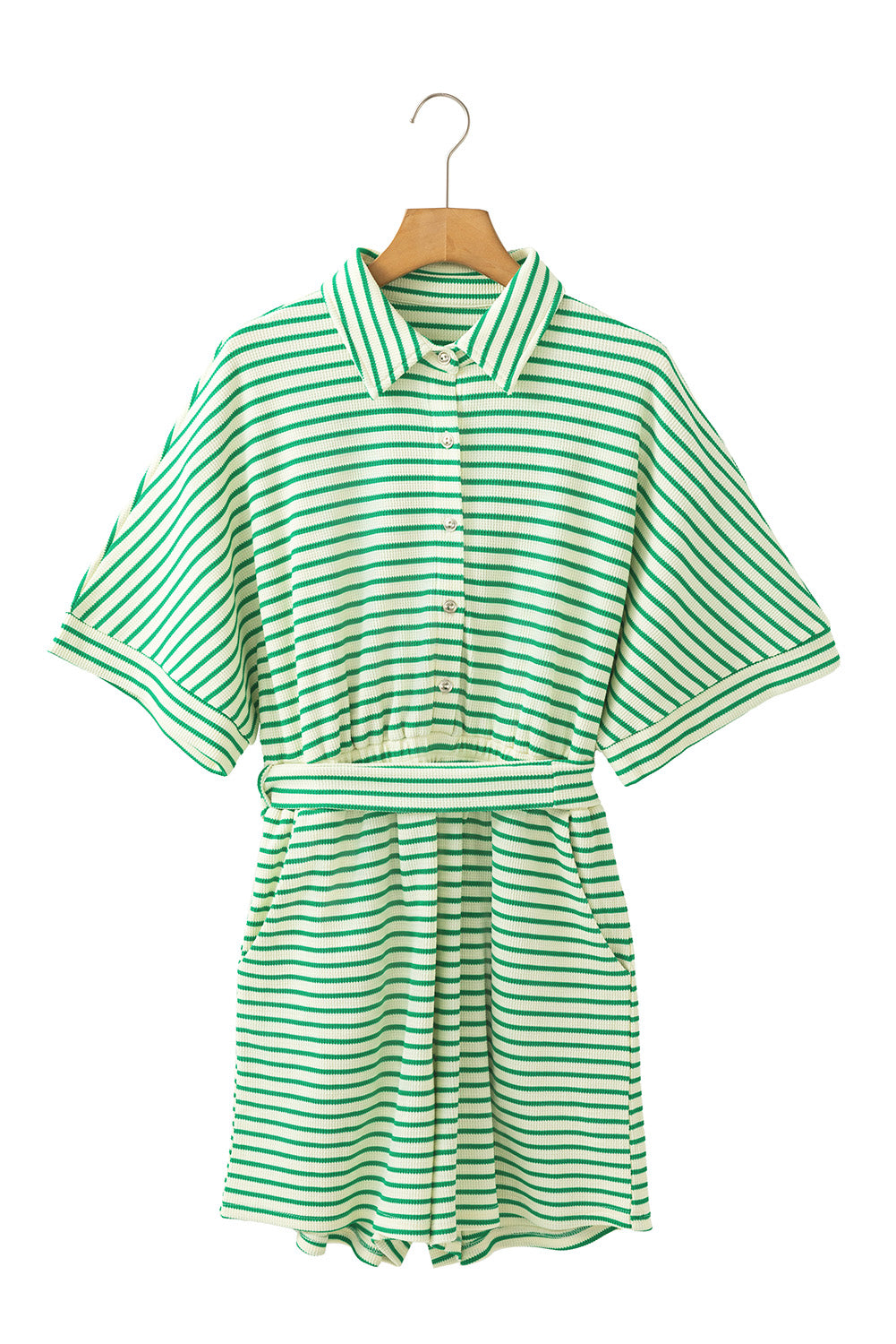 Green Stripe Textured Short Sleeve Collared Buttoned Waist Tie Romper-Rompers-[Adult]-[Female]-2022 Online Blue Zone Planet