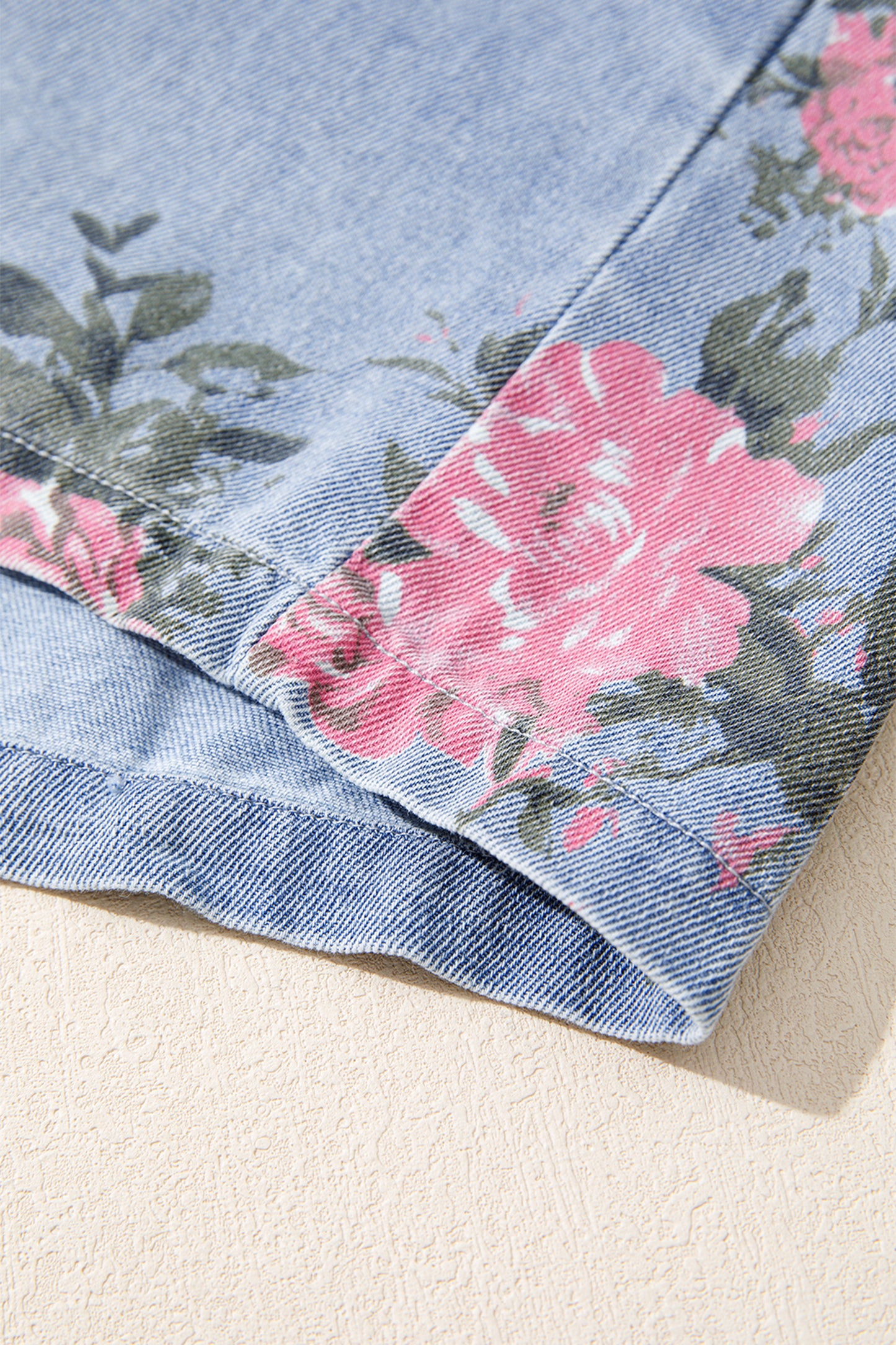 Sky Blue Denim Floral Print Cuffed Short Sleeve Button Down Shift Dress-TOPS / DRESSES-[Adult]-[Female]-2022 Online Blue Zone Planet