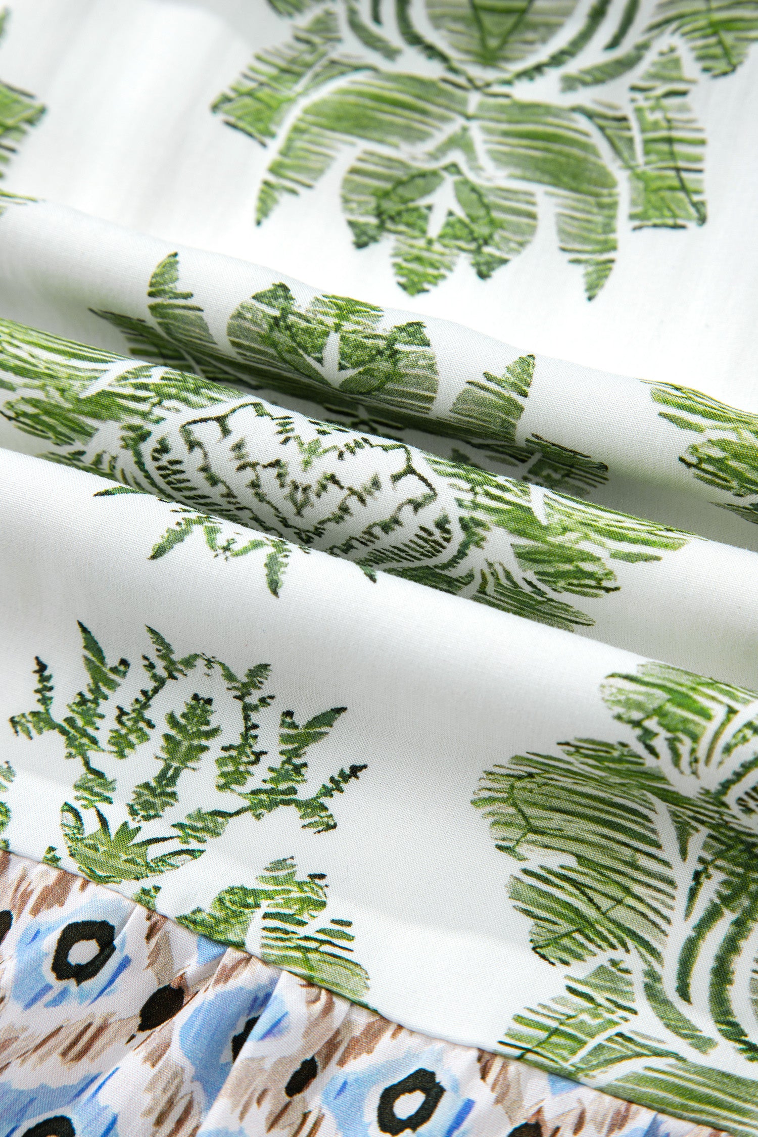 Green Floral Print Contrast Patchwork Ruffle Detail Mini Dress-TOPS / DRESSES-[Adult]-[Female]-2022 Online Blue Zone Planet