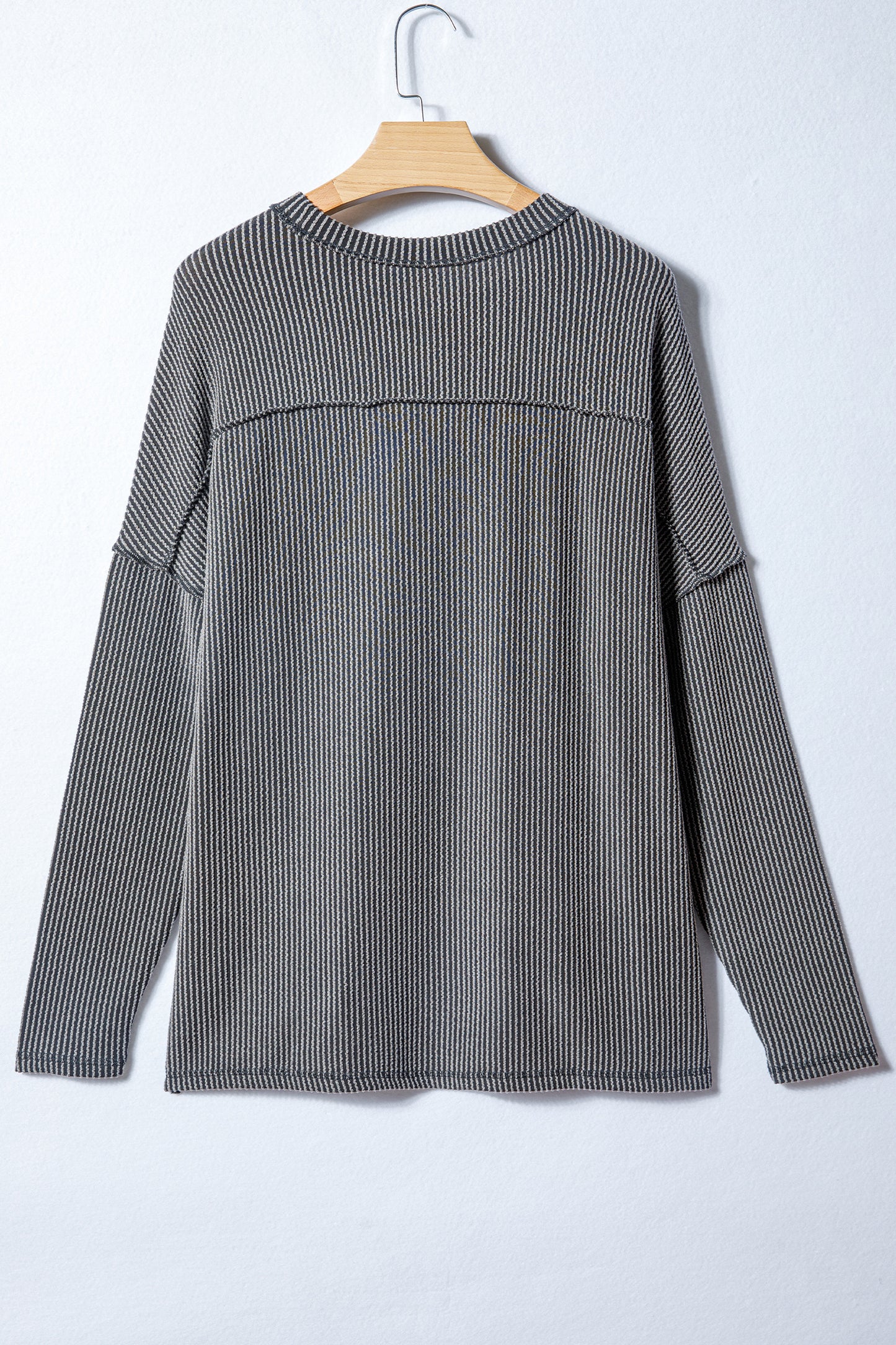 Black Twist Ribbed Exposed Seam Detail Long Sleeve Loose Top-Tops/Long Sleeve Tops-[Adult]-[Female]-2022 Online Blue Zone Planet