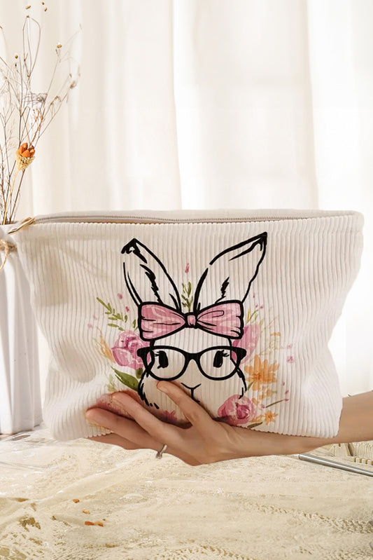 White Easter Bunny Print Corduroy Makeup Storage Bag-Shoes & Bags/Makeup Bags-[Adult]-[Female]-White-ONE SIZE-2022 Online Blue Zone Planet
