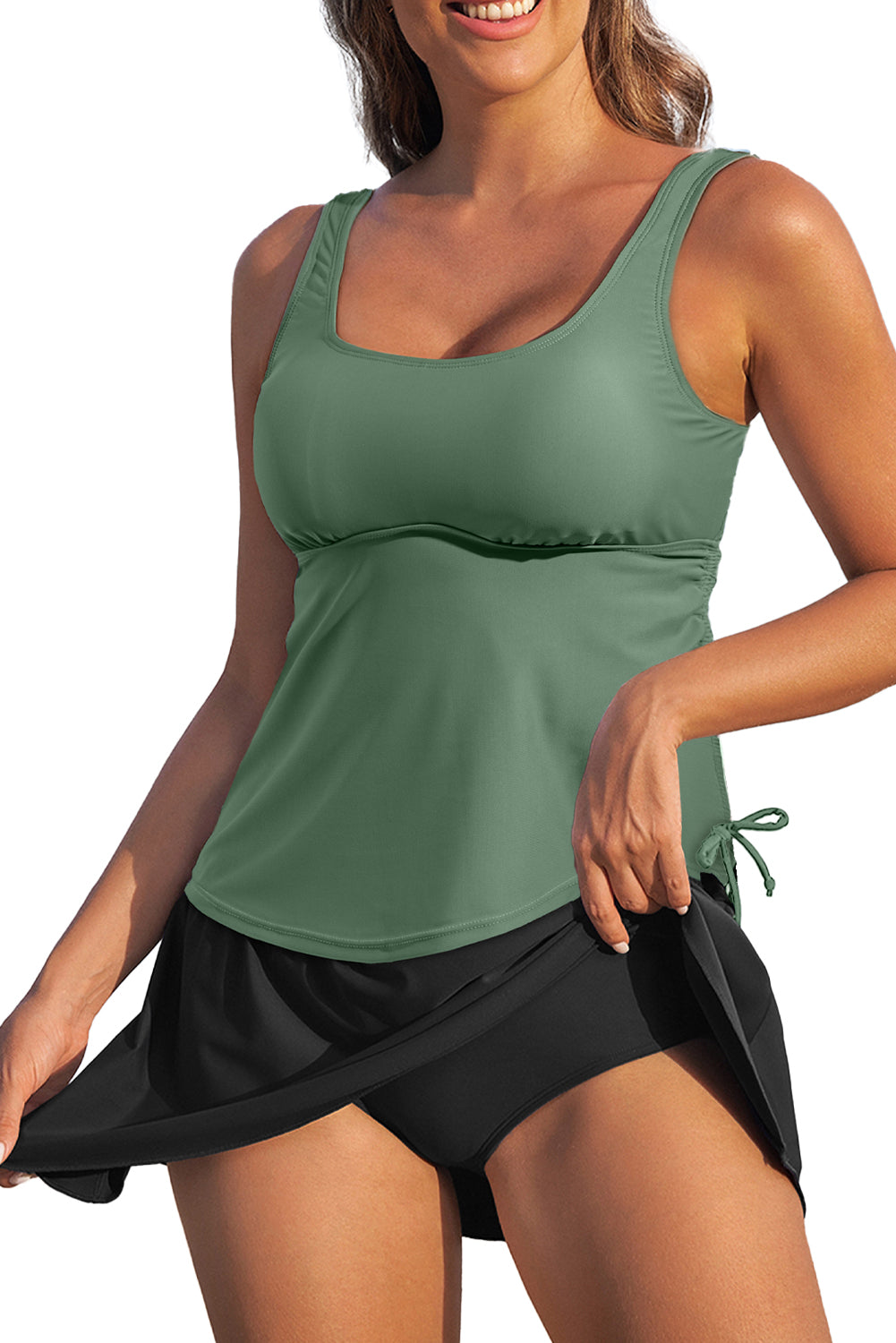 Mist Green Scoop Neck Adjustable Tankini And Matching Skort Bathing Suit-Swimwear/Tankinis-[Adult]-[Female]-2022 Online Blue Zone Planet