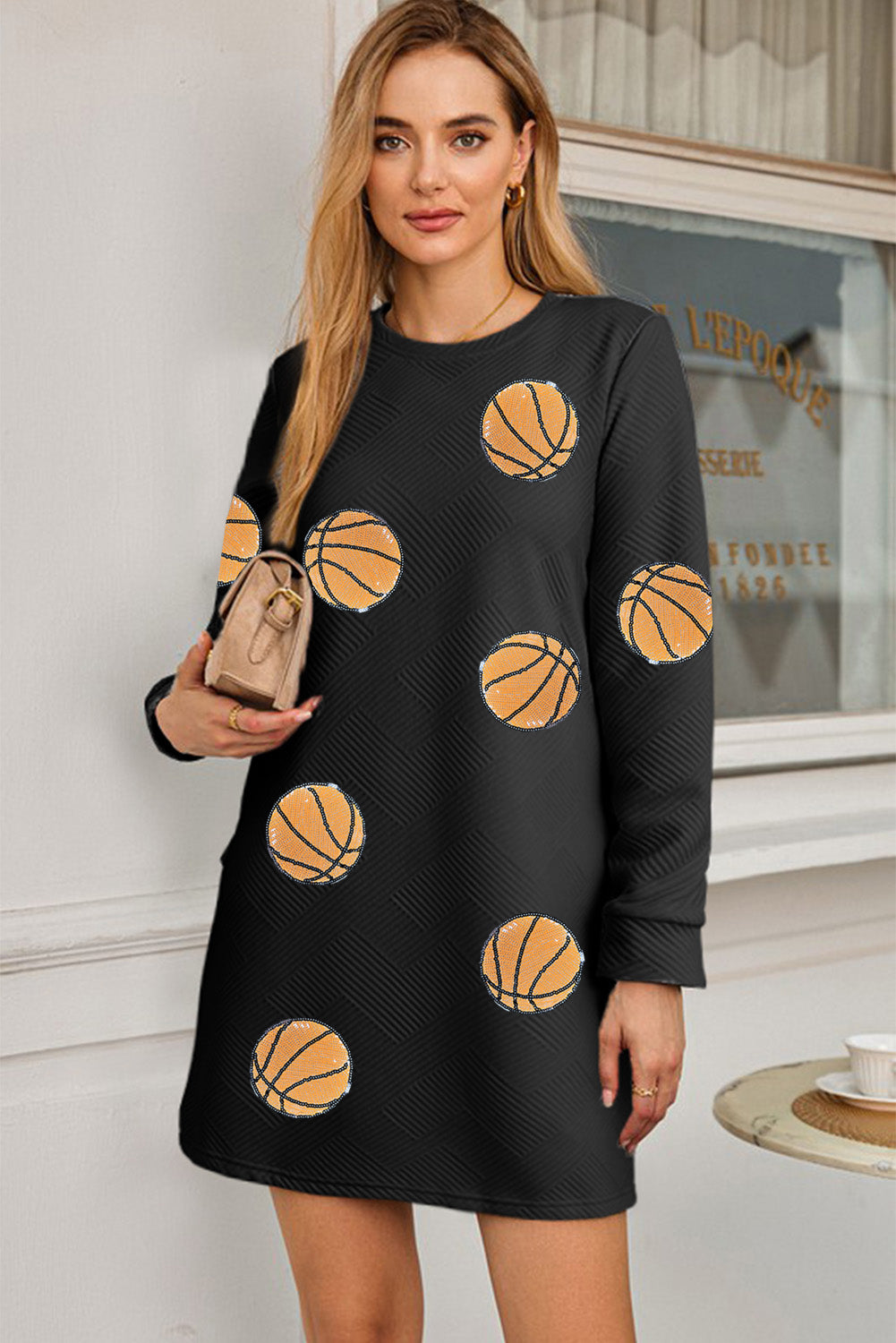 Gray Sequin Basketball Patched Textured Crewneck Shift Mini Dress-Graphic Apparel-[Adult]-[Female]-2022 Online Blue Zone Planet