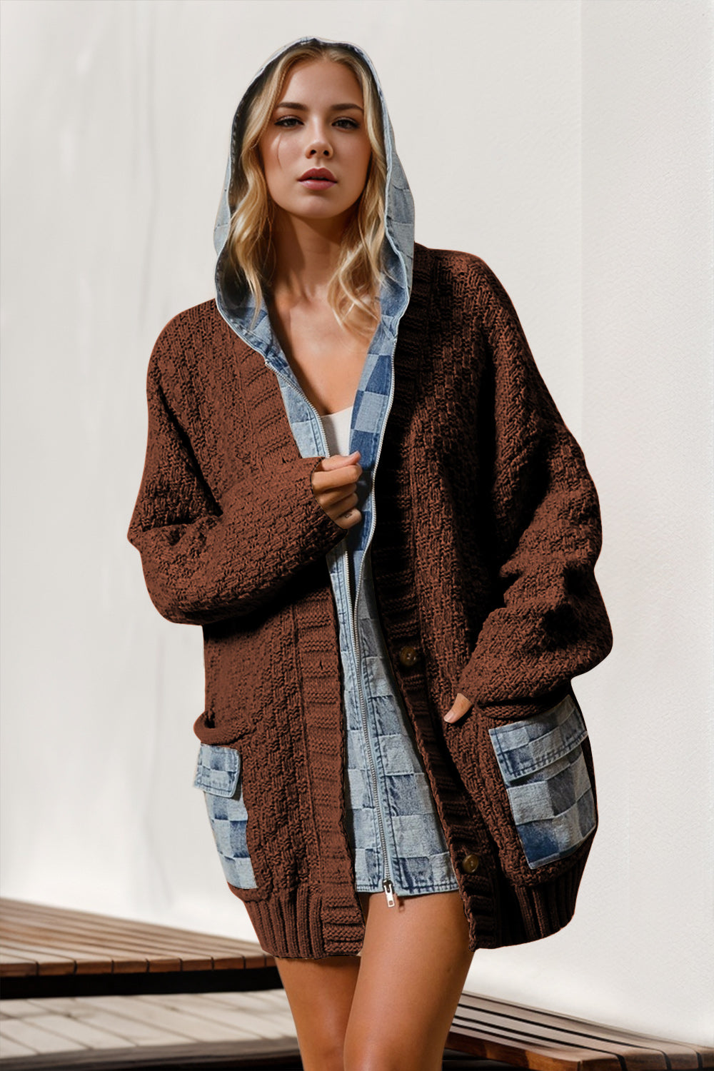 Double Take Full Size Hooded Denim Spliced Sweater Cardigan-TOPS / DRESSES-[Adult]-[Female]-Brown-S/M-2022 Online Blue Zone Planet