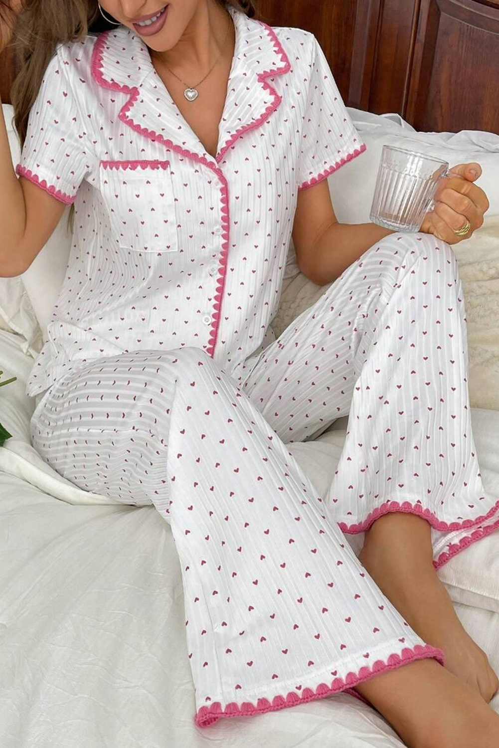 White Heart Print Contrast Trim Shirt and Pants Pajama Set-Loungewear Set-[Adult]-[Female]-2022 Online Blue Zone Planet