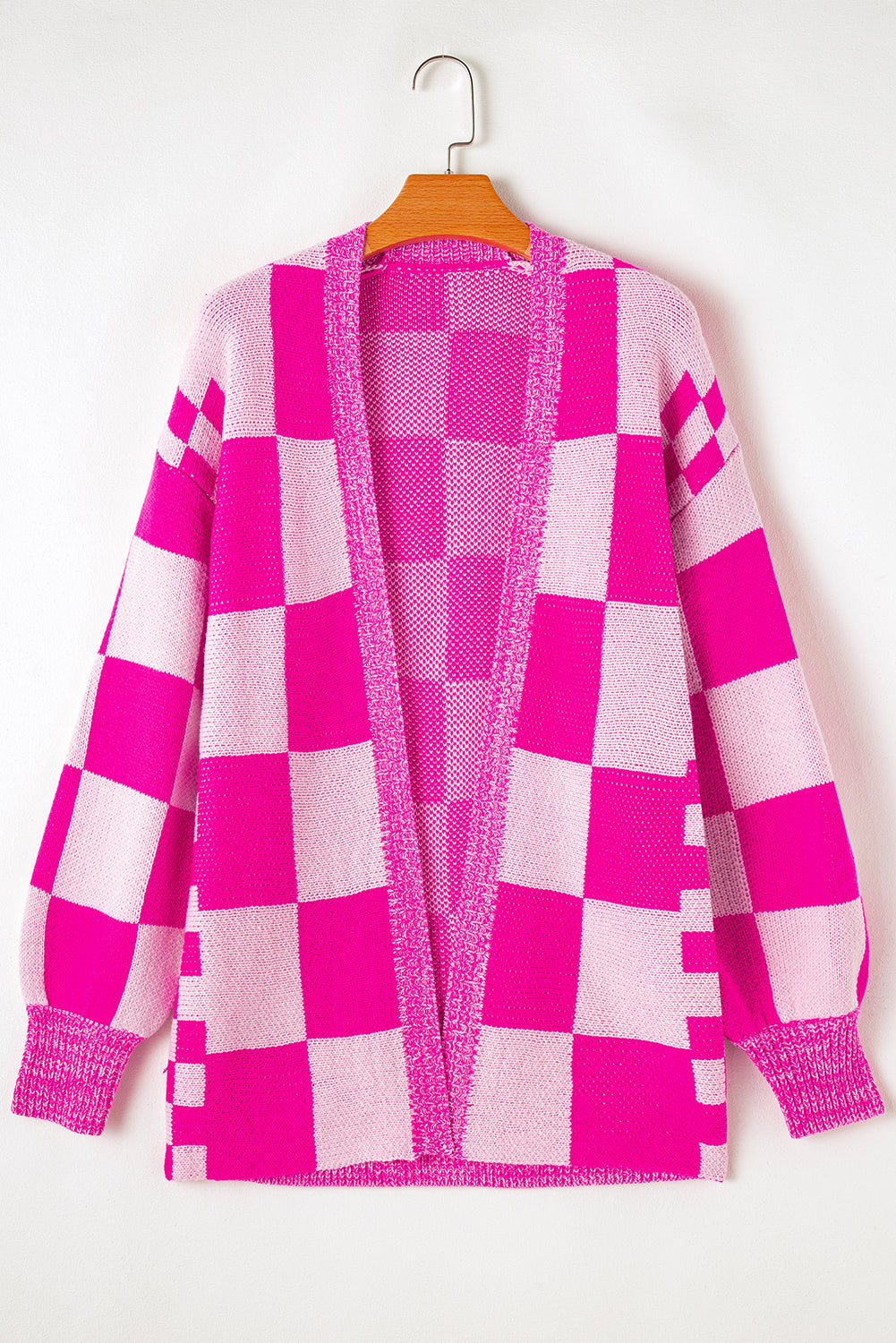 Blue Zone Planet | Rose Red Checkered Printed Ribbed Trim Open Front Cardigan-Cardigans-[Adult]-[Female]-2022 Online Blue Zone Planet