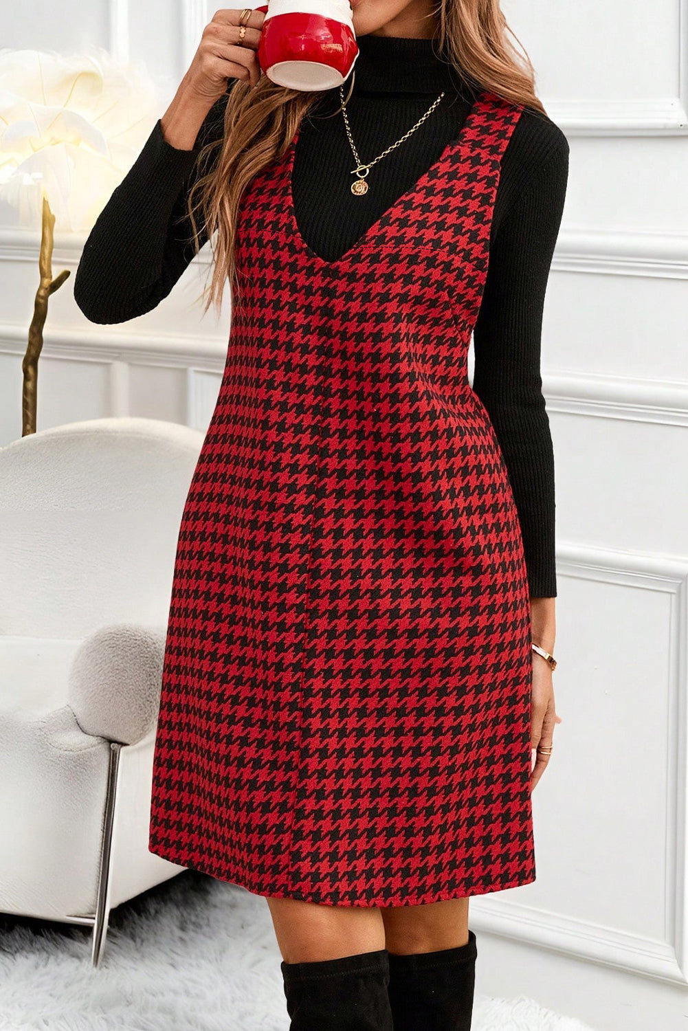Red Houndstooth Print V Neck Sleeveless Mini Dress-Dresses/Mini Dresses-[Adult]-[Female]-Red-S-2022 Online Blue Zone Planet