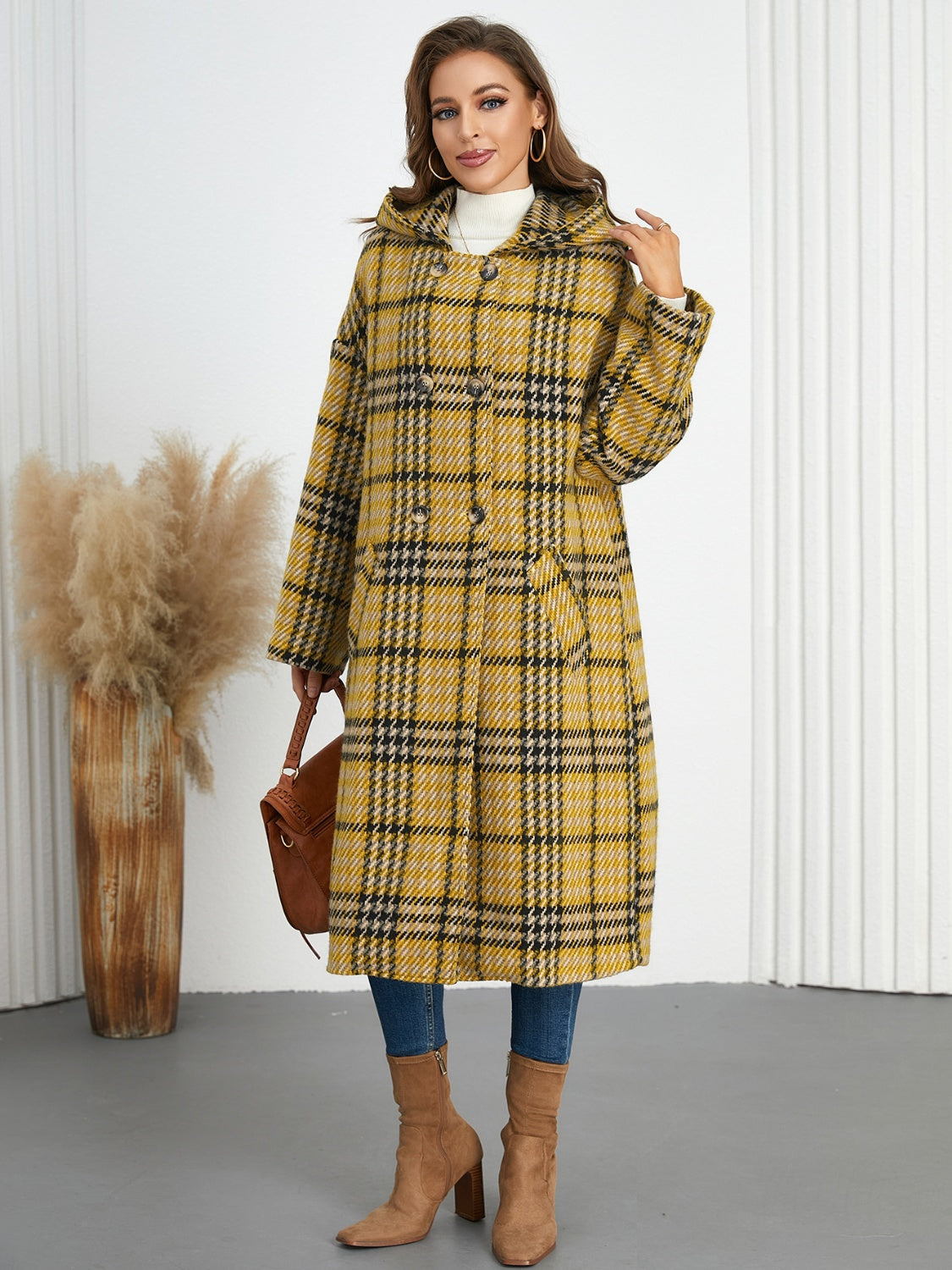 Blue Zone Planet | Plaid Double-Breasted Long Sleeve Longline Coat-TOPS / DRESSES-[Adult]-[Female]-Mustard-S-2022 Online Blue Zone Planet