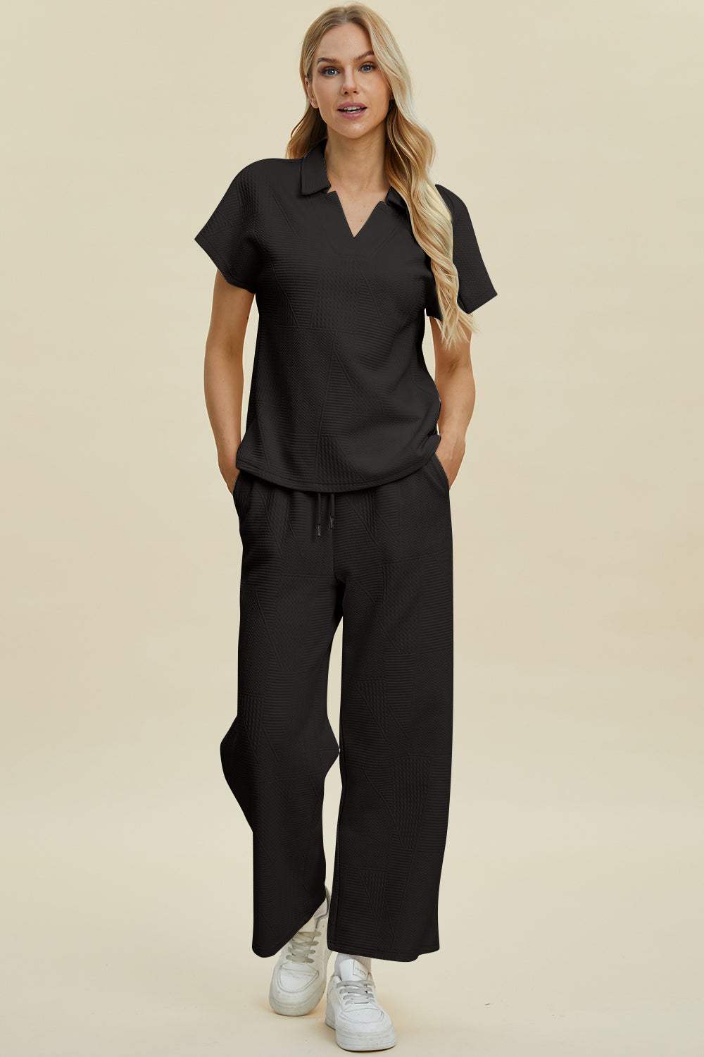 Double Take Full Size Collared Neck Short Sleeve Top and Pants Set-TOPS / DRESSES-[Adult]-[Female]-Black-S-2022 Online Blue Zone Planet