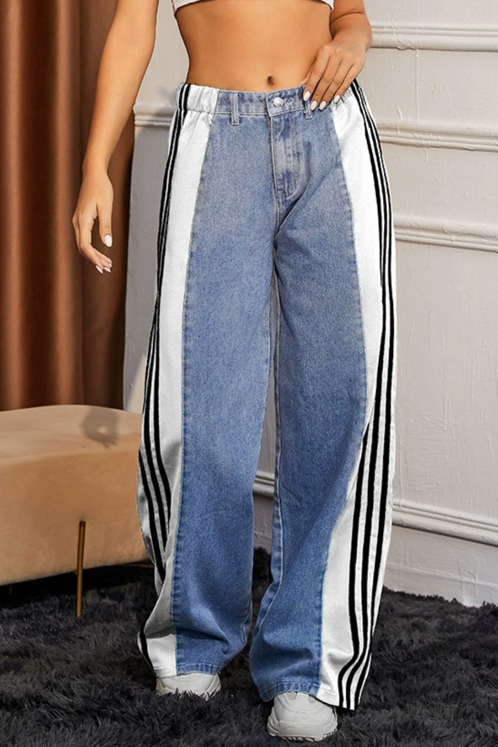 Contrast Side Striped Wide Leg Jeans-BOTTOMS SIZES SMALL MEDIUM LARGE-[Adult]-[Female]-2022 Online Blue Zone Planet