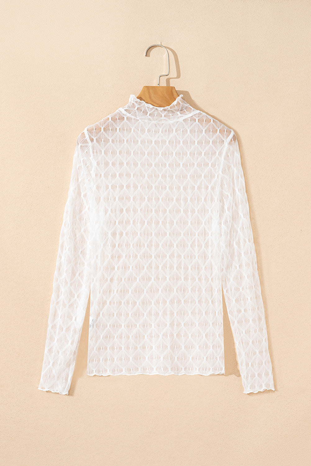 Beige Sheer Mesh Patterned Lettuce Trim Slim Long Sleeve Top-Tops/Long Sleeve Tops-[Adult]-[Female]-2022 Online Blue Zone Planet
