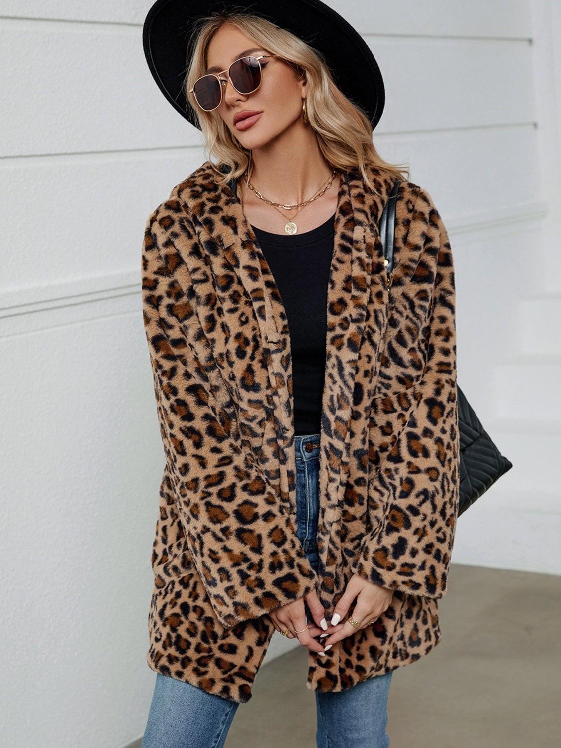 Fuzzy Leopard Hooded Long Sleeve Jacket-TOPS / DRESSES-[Adult]-[Female]-2022 Online Blue Zone Planet