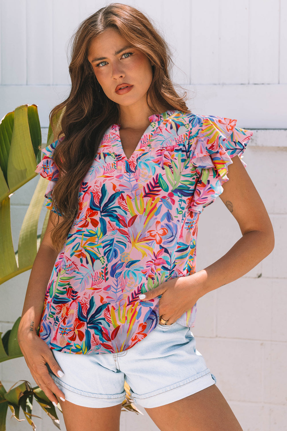 Pink Tropical Floral Print Frilly Notched Neck Ruffled Short Sleeve Blouse-Tops/Blouses & Shirts-[Adult]-[Female]-2022 Online Blue Zone Planet