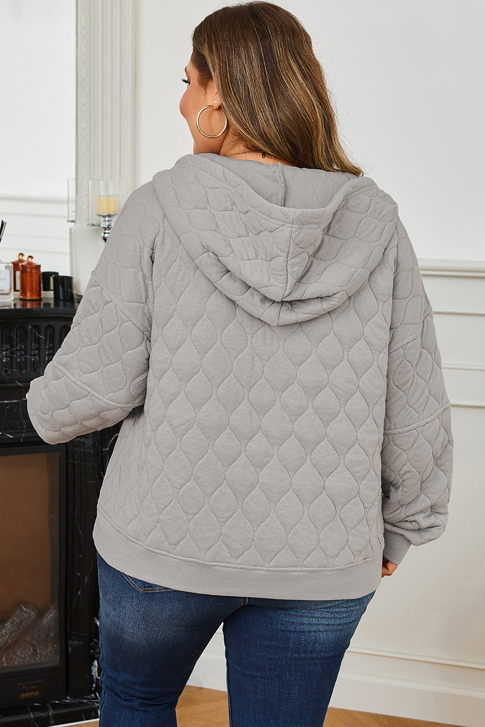 Gray Quilted Quarter Zip Plus Size Hoodie-Plus Size/Plus Size Sweatshirts & Hoodies-[Adult]-[Female]-2022 Online Blue Zone Planet