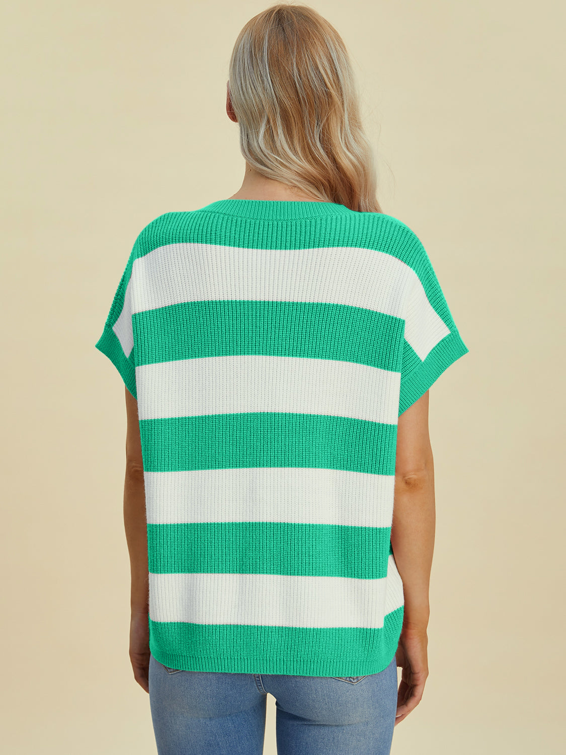 Double Take Full Size Striped V-Neck Short Sleeve Sweater-TOPS / DRESSES-[Adult]-[Female]-2022 Online Blue Zone Planet