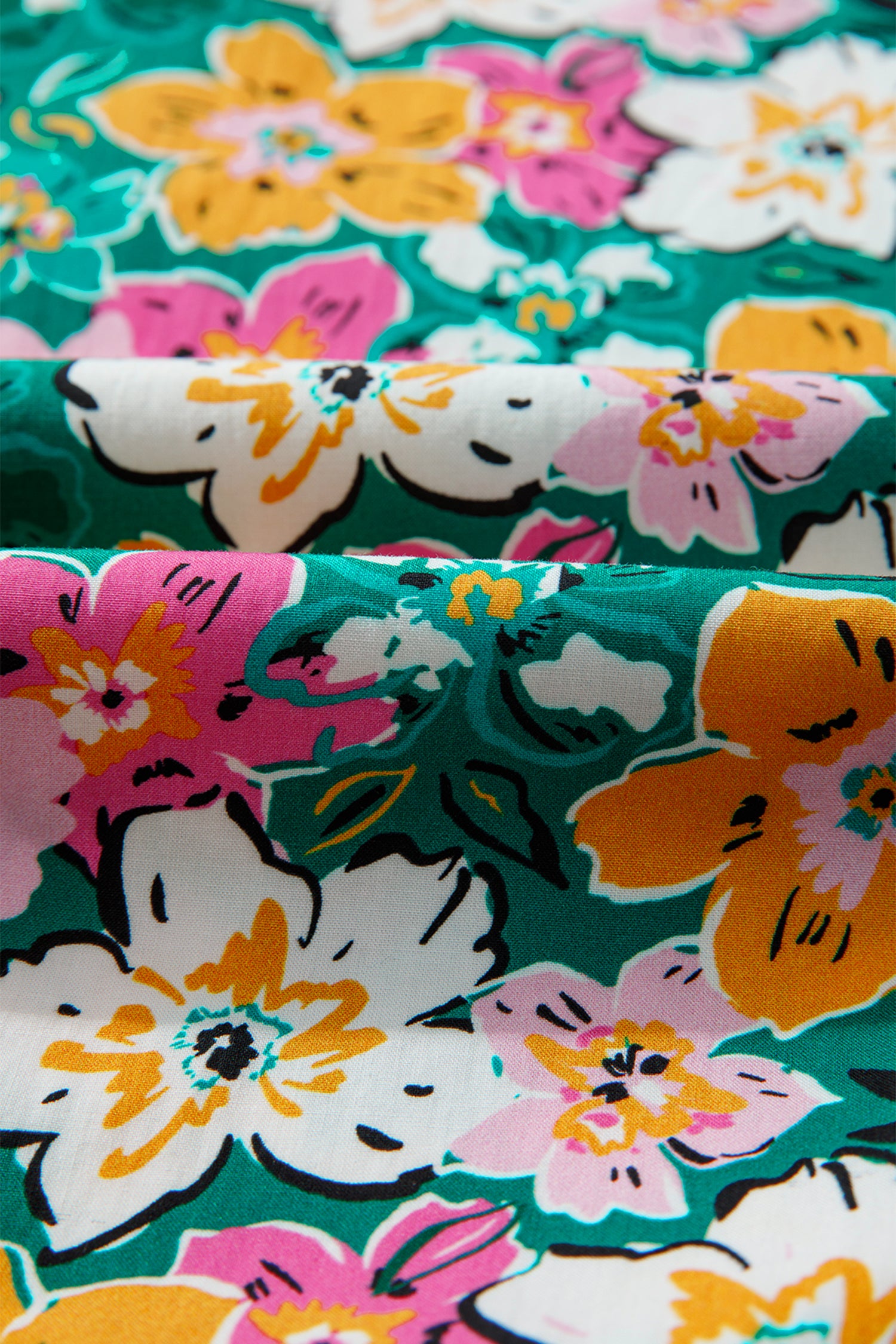 Green Floral Print Contrast Trim Frilled V Neck 3/4 Sleeve Blouse-Tops/Blouses & Shirts-[Adult]-[Female]-2022 Online Blue Zone Planet