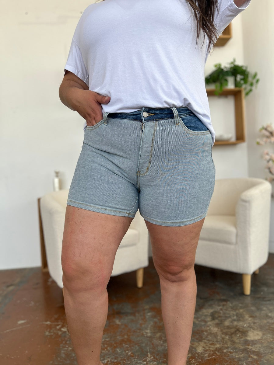 Judy Blue Full Size Color Block Denim Shorts-TOPS / DRESSES-[Adult]-[Female]-LT/MD-S-2022 Online Blue Zone Planet