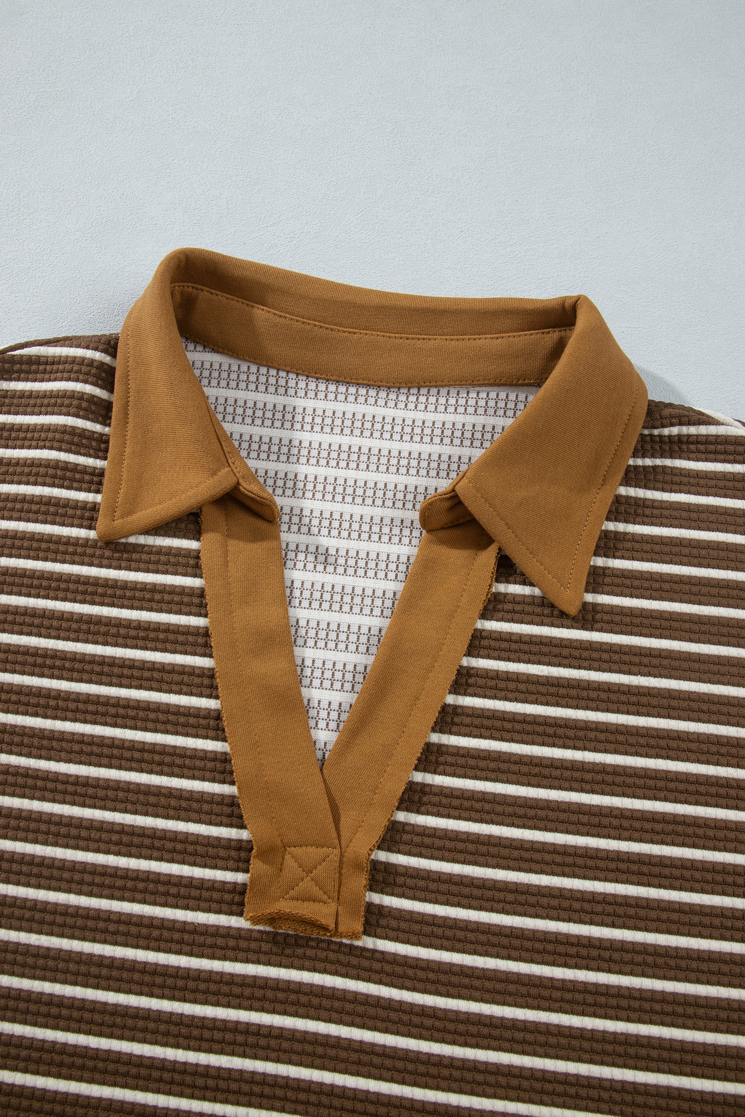 Brown Stripe Colorblock Detail Collar V Neck Plus Size Long Sleeve Top-Plus Size/Plus Size Tops/Plus Size Long Sleeve Tops-[Adult]-[Female]-2022 Online Blue Zone Planet