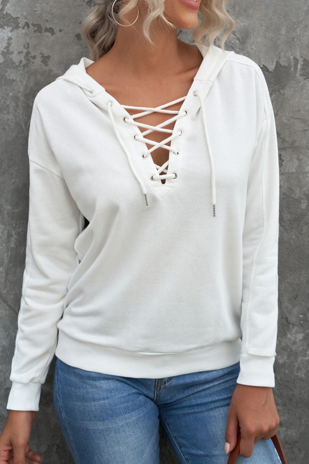 Lace Up Long Sleeve Hoodie-TOPS / DRESSES-[Adult]-[Female]-2022 Online Blue Zone Planet