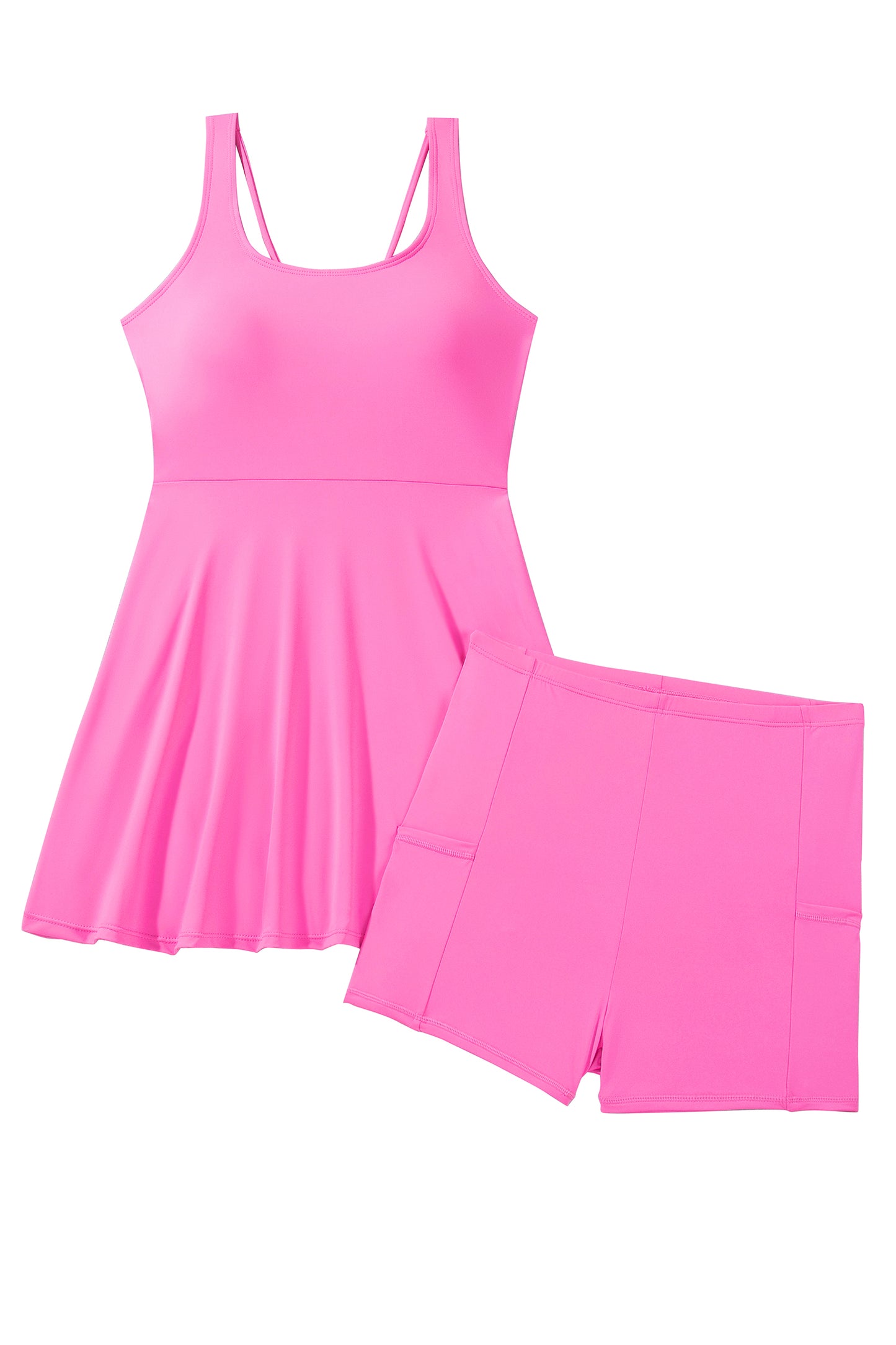 Bright Pink Twisted Strappy Back Active Mini Dress with Shorts-TOPS / DRESSES-[Adult]-[Female]-2022 Online Blue Zone Planet