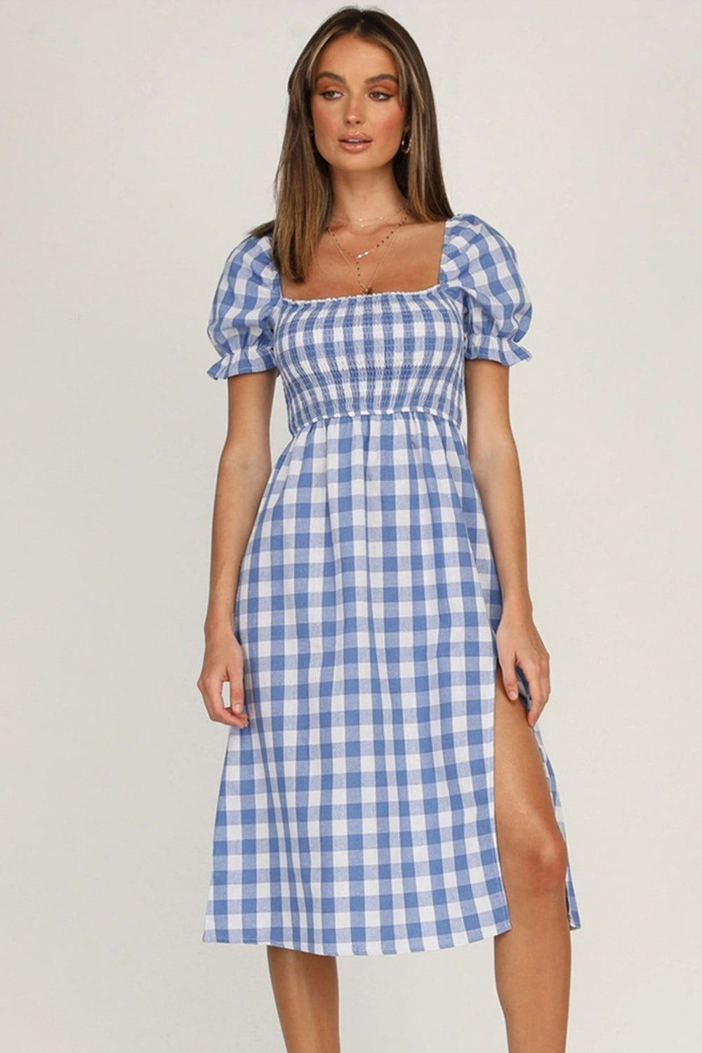 Full Size Slit Plaid Short Sleeve Midi Dress-TOPS / DRESSES-[Adult]-[Female]-2022 Online Blue Zone Planet