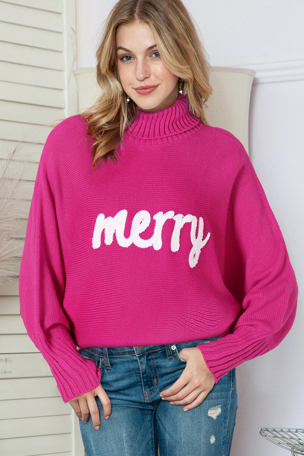 Blue Zone Planet | Rose Merry Letter Embroidered High Neck Sweater-Sweaters & Cardigans/Sweaters-[Adult]-[Female]-2022 Online Blue Zone Planet