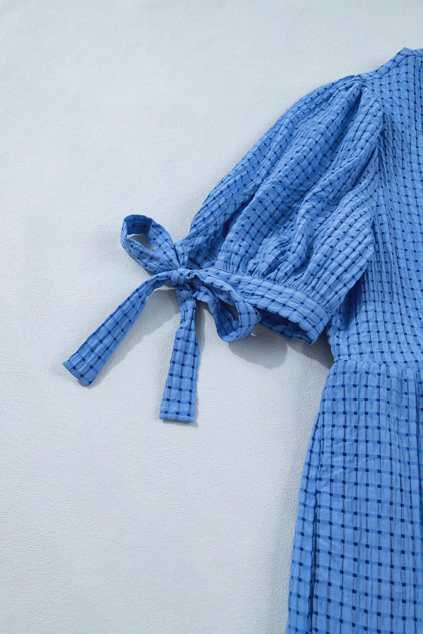 Dusk Blue Gingham Textured Bow Tie Short Sleeve Tiered Midi Dress-Dresses/Midi Dresses-[Adult]-[Female]-2022 Online Blue Zone Planet