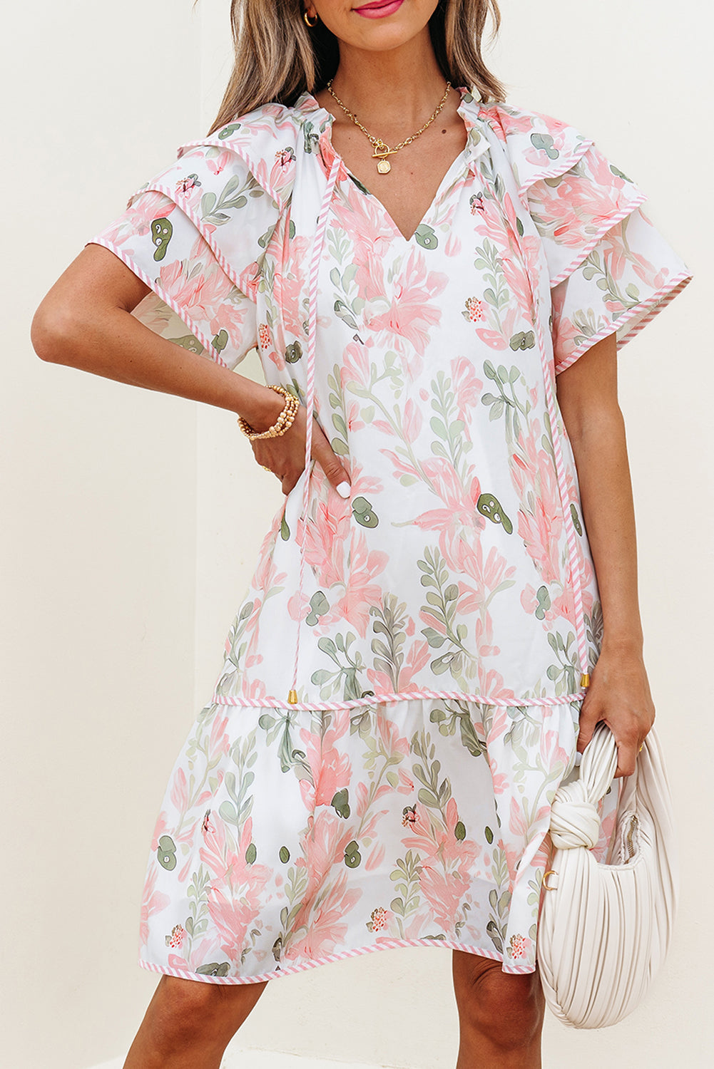 Pink Floral Contrast Edge Layered Short Sleeve Mini Dress-TOPS / DRESSES-[Adult]-[Female]-2022 Online Blue Zone Planet