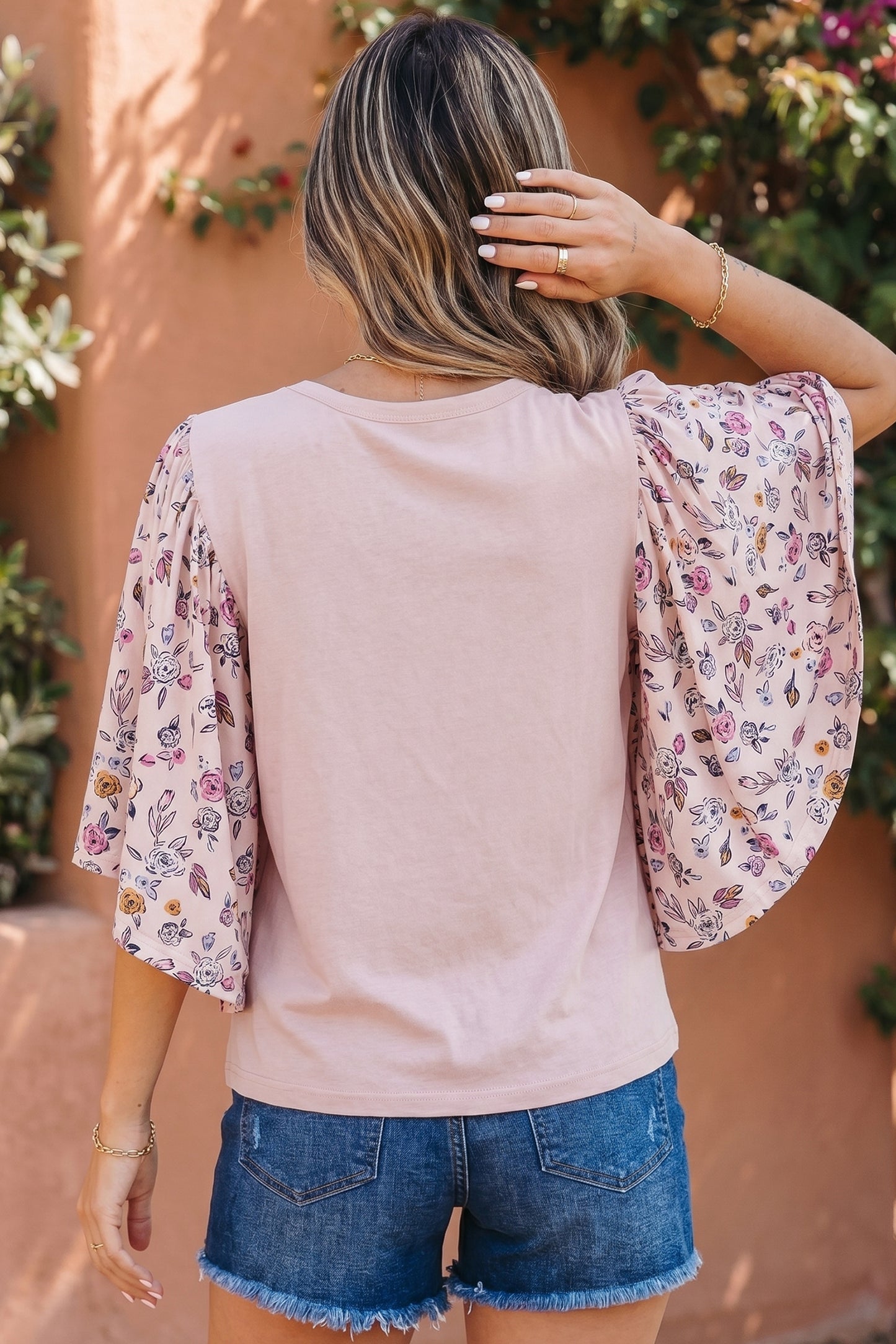 Pink Contrast Floral Patched Flowy Half Sleeve Blouse-Tops/Blouses & Shirts-[Adult]-[Female]-2022 Online Blue Zone Planet
