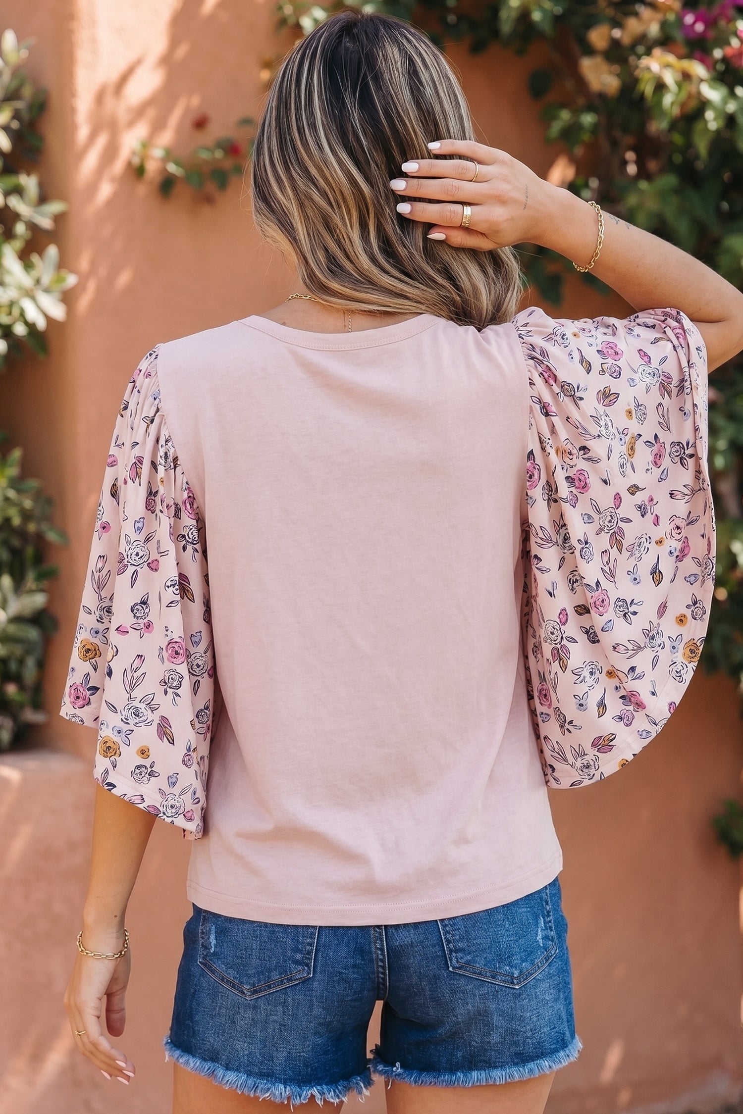 Pink Contrast Floral Patched Flowy Half Sleeve Blouse-Tops/Blouses & Shirts-[Adult]-[Female]-2022 Online Blue Zone Planet