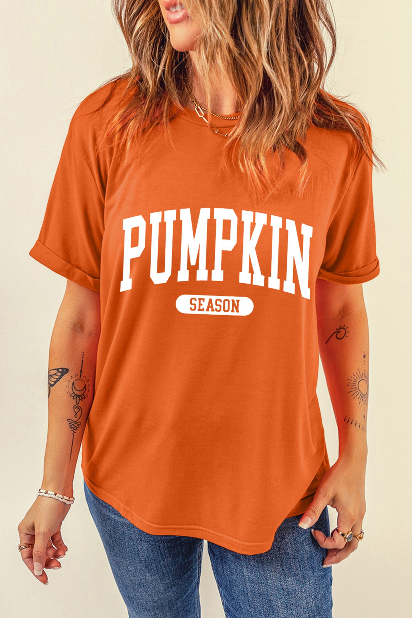 Orange PUMPKIN SEASON Letter Print Relaxed T Shirt-Graphic/Graphic Tees-[Adult]-[Female]-2022 Online Blue Zone Planet